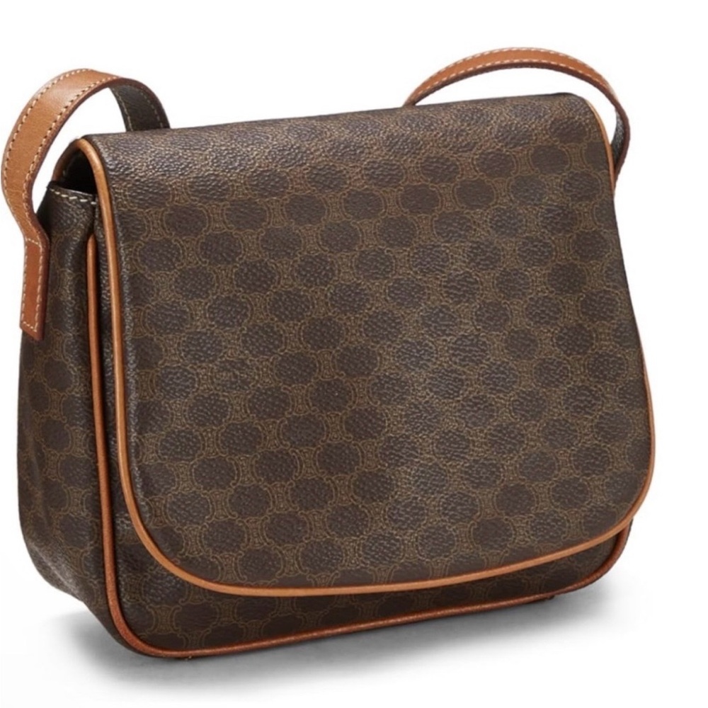 Céline Classic Vintage Brown Patterned Crossbody Bag with Tan Trim